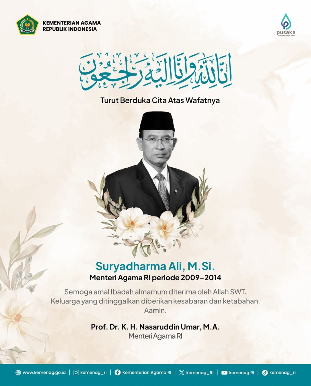 Suryadharma Ali Wafat, Menteri Agama Nasaruddin Umar Sampaikan Duka&nbsp;Mendalam